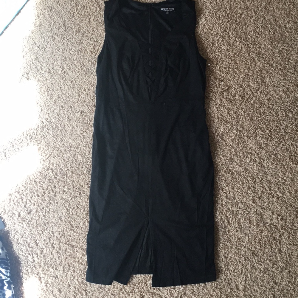 Black suede strap up detail, mini slit dress